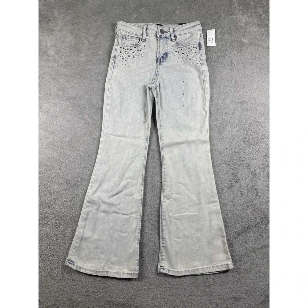 GAP Denim Girls' 70's Flare Stretch Adjustable Waist Studded Jeans Light 8‎ NWT